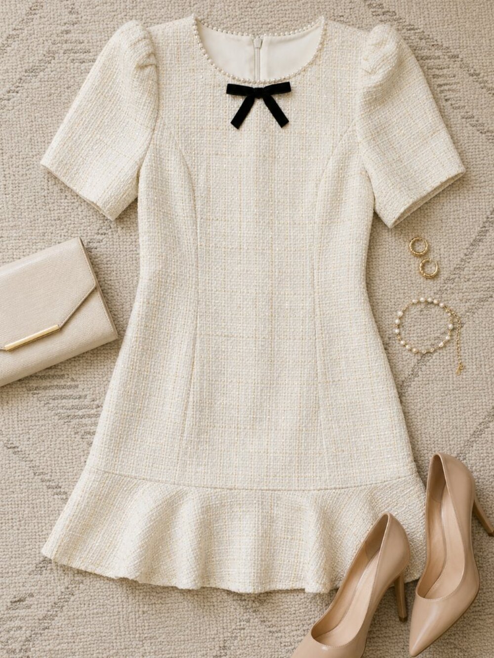 Crystal Doll Puff-Sleeve Ruffle Hem A-Line Tweed Mini Dress Size XL Cream